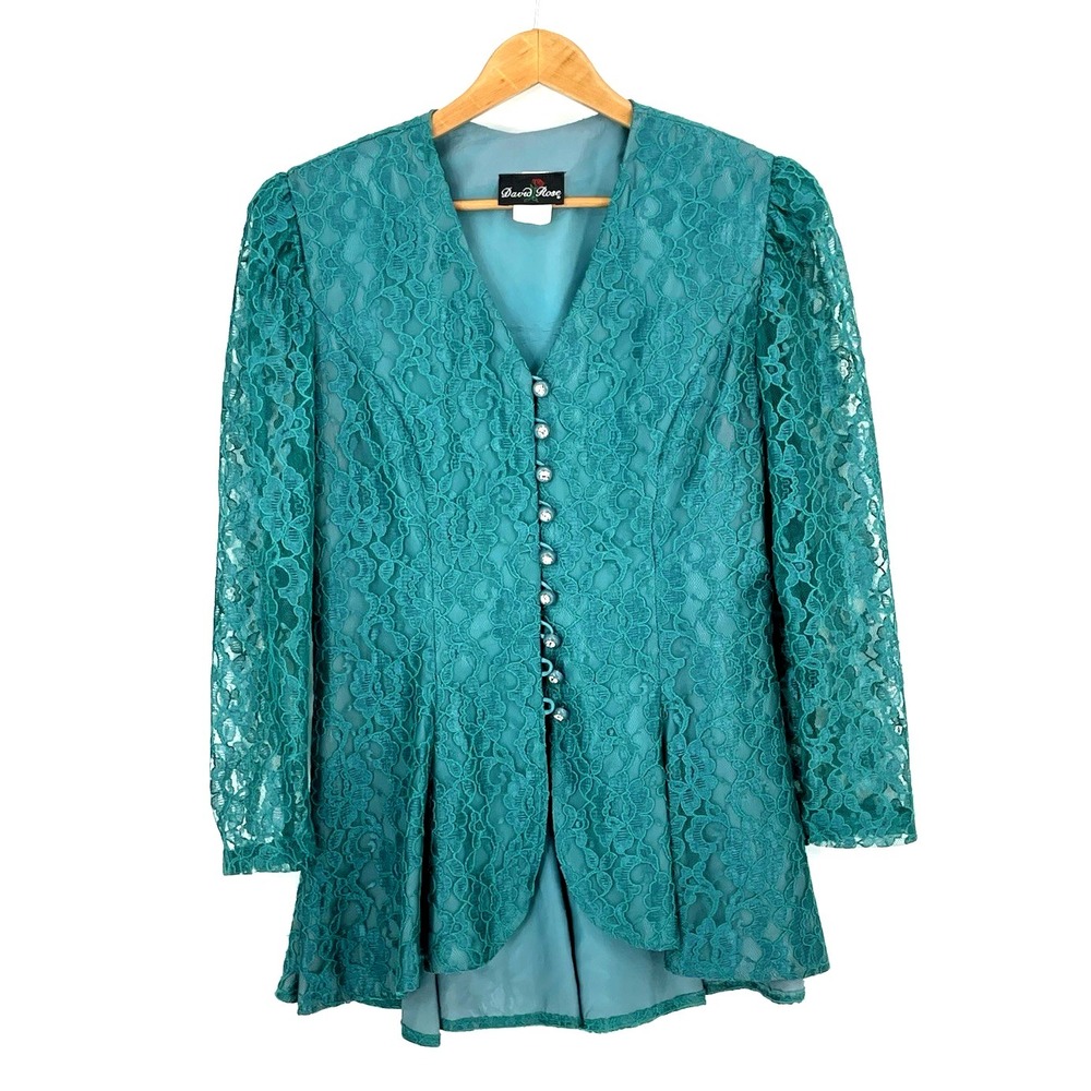 VTG David Rose Womens Lace Embellished Tunic Top Size 12 Fairy Whimsy Button Up